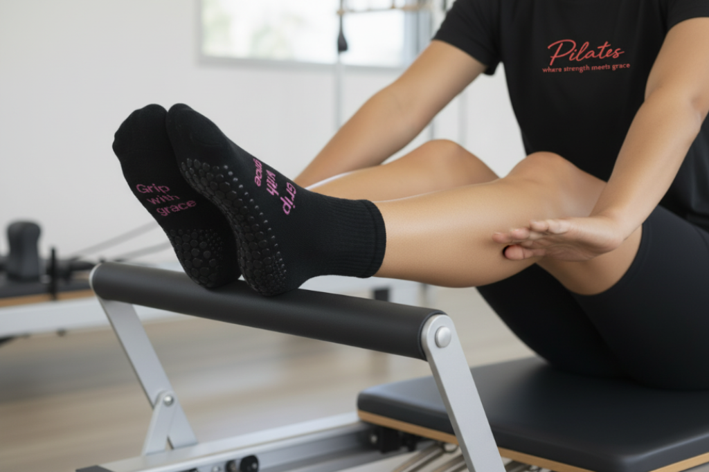 Close-up of grip socks and tee on reformer