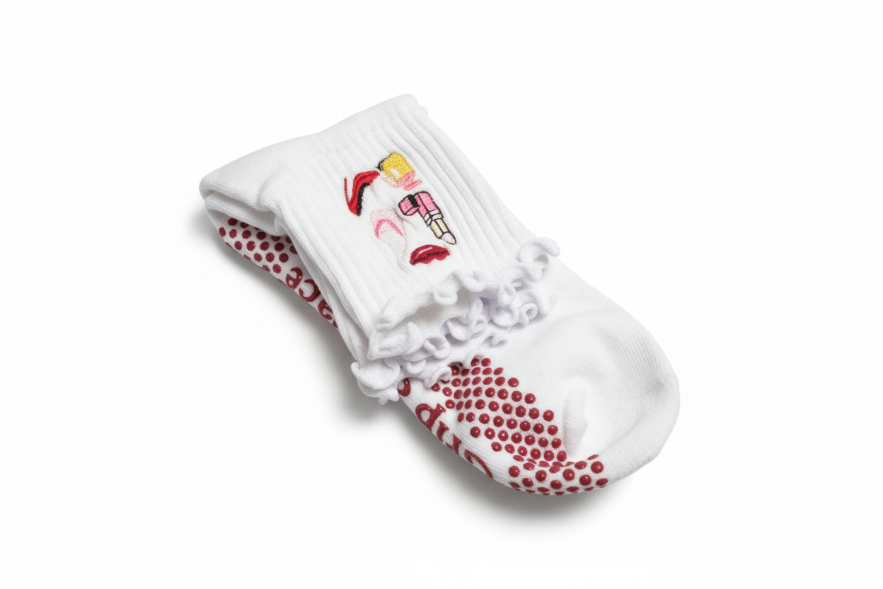 Polished white grip socks in original position