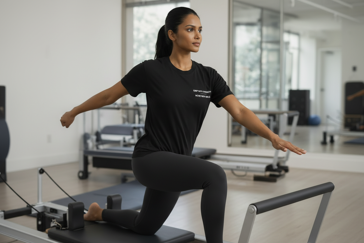 Woman on reformer Pilates with readable GRIP & GRACE text