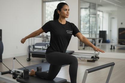 Woman on reformer Pilates with readable GRIP & GRACE text