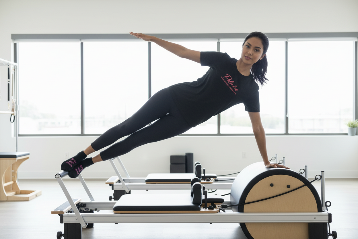 Woman wearing Pilates tee and grip socks on reformer